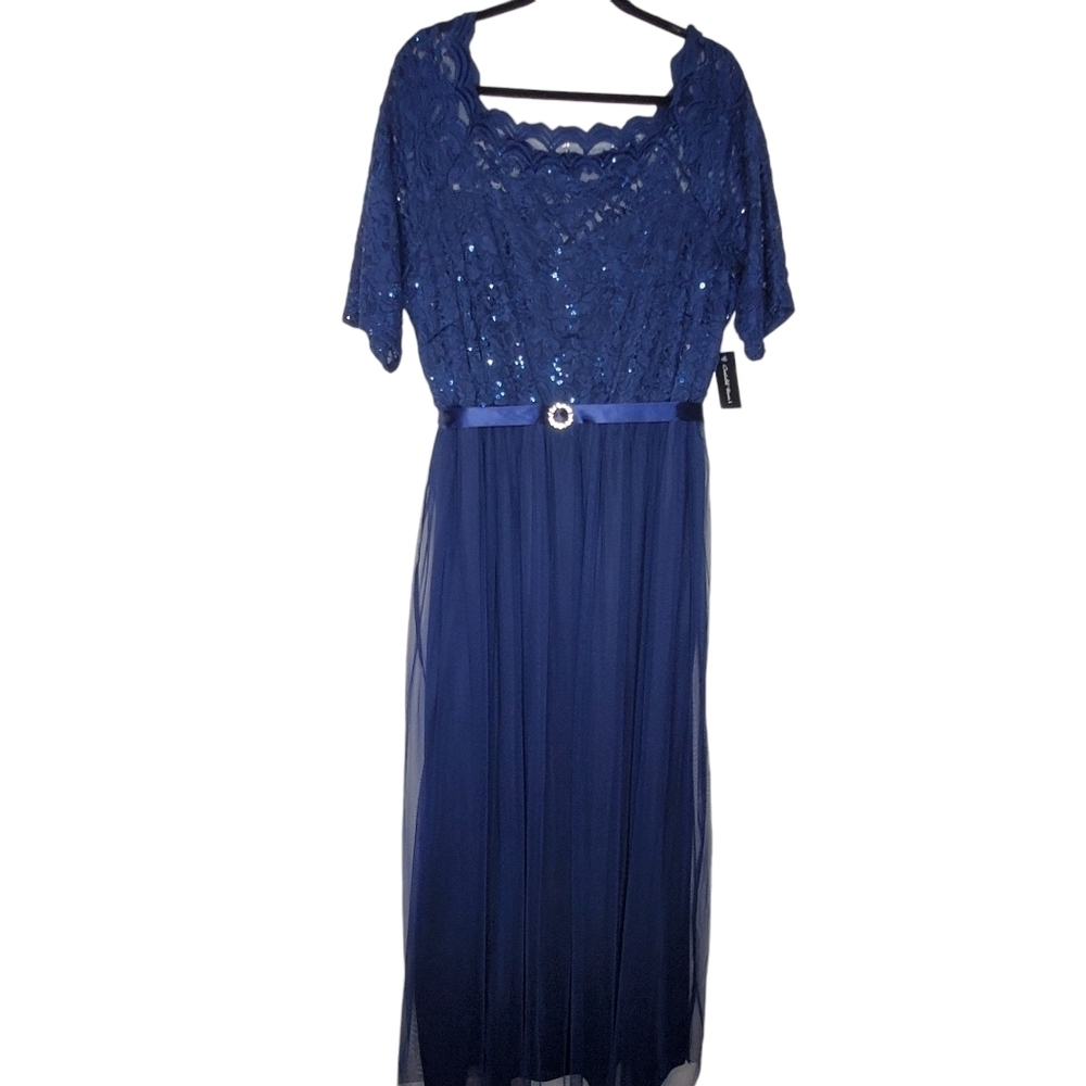 Candalite Sequin Lace Blue Maxi Dress Size 3X Formal Gown NEW Lined Elegant Gala
